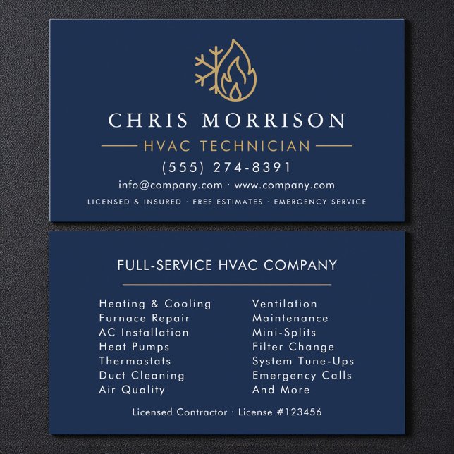 Carte De Visite Minimalist HVAC Navy Blue Gold Modern (Créateur téléchargé)