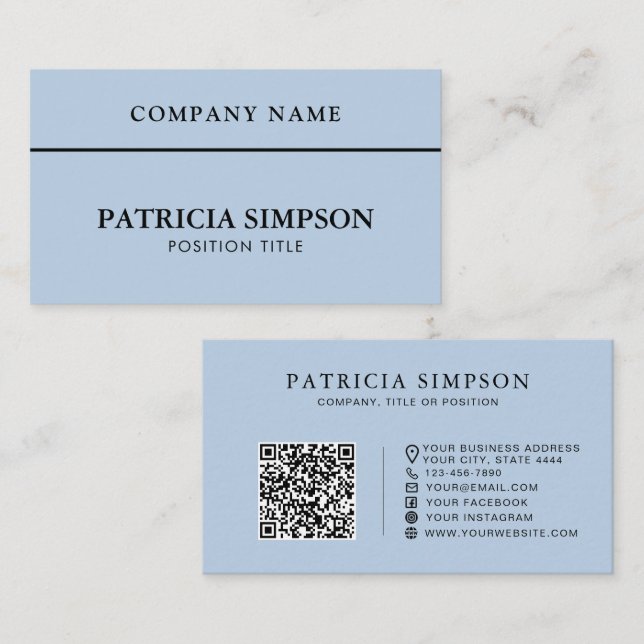 Carte De Visite Minimalist Light Blue QR Code Professional Elegant (Devant / Derrière)