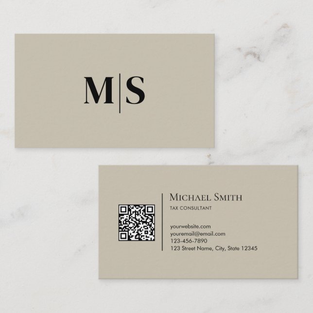 Carte De Visite Minimalist Modern Initials QRCode Black on Beige (Devant / Derrière)