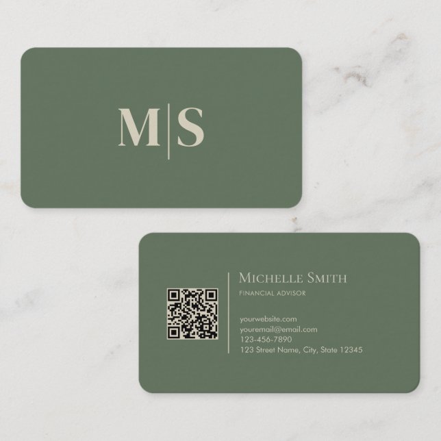 Carte De Visite Minimalist Modern Olive Green Initials QR Code (Devant / Derrière)