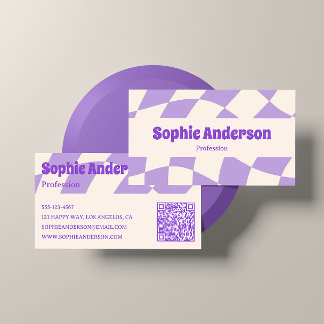 Carte De Visite Minimalist Purple Retro Wavy Pattern QR Code 
