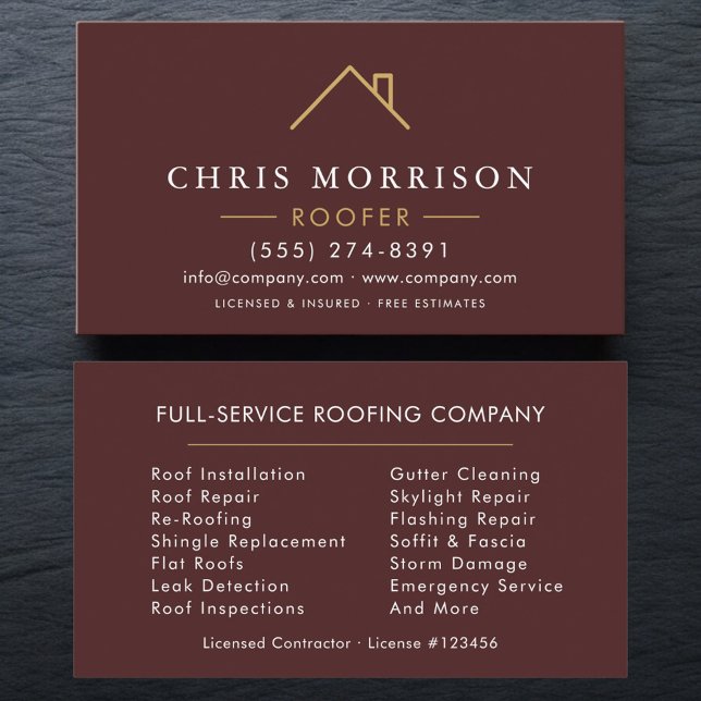 Carte De Visite Minimalist Roofer Burgundy Gold Modern (Créateur téléchargé)