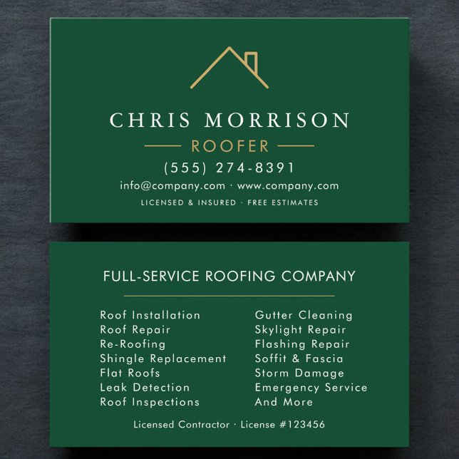 Carte De Visite Minimalist Roofer Green Gold Modern (Créateur téléchargé)