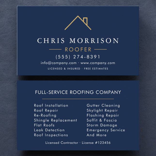 Carte De Visite Minimalist Roofer Navy Blue Gold Modern (Créateur téléchargé)