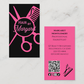 Carte De Visite Minimalist Scissors Pink Black QR Code Hair Salon