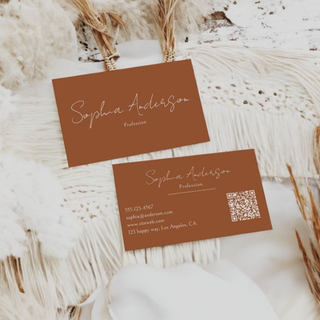 Carte De Visite Minimalist Terracotta Modern Script Qr Code        (Créateur téléchargé)