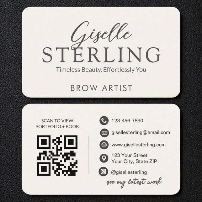 Carte De Visite Minimalist White Script Eyebrow Artist QR Code (Créateur téléchargé)