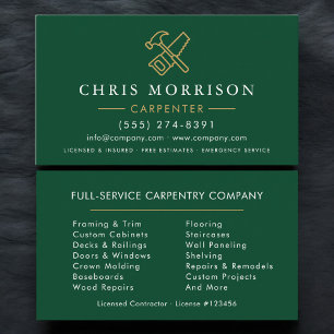 Carte De Visite Minimaliste Charpentier Vert Or Moderne