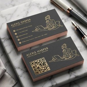 Carte De Visite Minimaliste Or Noir Moderne Art de Ligne Code QR