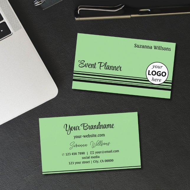 Carte De Visite Mint Green Black Stripes avec logo professionnel (Créateur téléchargé)