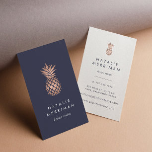 Carte De Visite Minuit Blue & Faux Rose Gold Ananas Vertical
