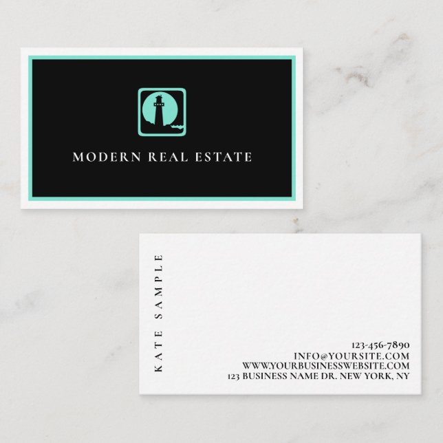 Carte De Visite Minuscule Turquoise Lighthouse Coastal Immobilier  (Devant / Derrière)