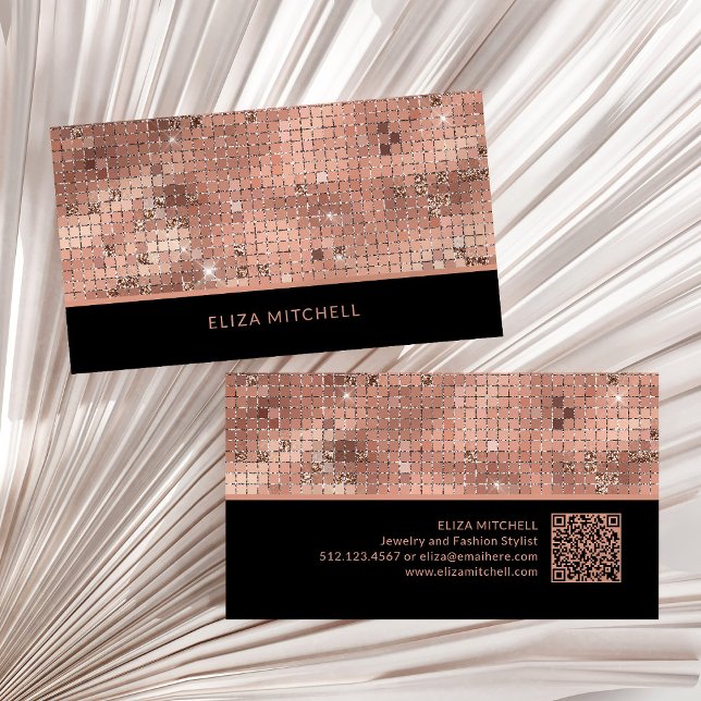 Carte De Visite Miroir à bille Rose rétros Gold Disco | Code QR (A glam, rose gold and black disco ball inspired business card, with a scannable QR code)