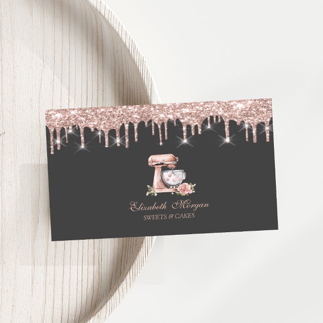 Carte De Visite Mixer Flower Hearts Rose Gold Drips Bakery   (Créateur téléchargé)