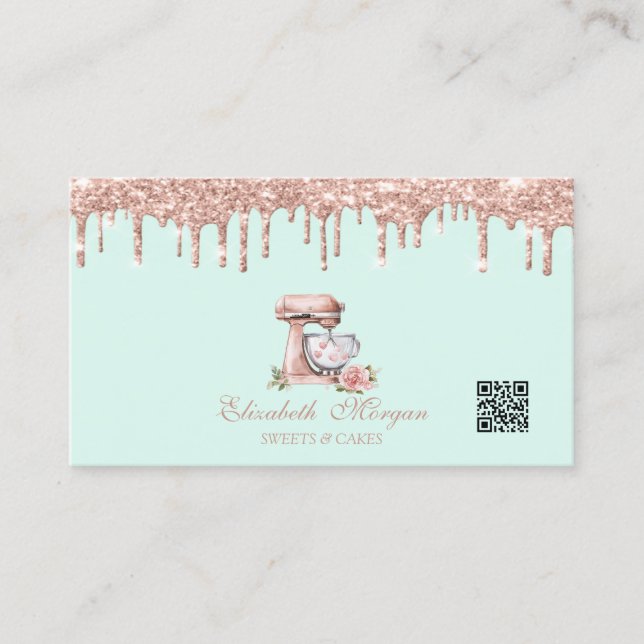 Carte De Visite Mixer Hearts Flowers Rose Gold Drips QR Code  (Devant)