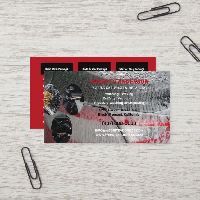 Carte De Visite Mobile Car Wash Auto Détail Automotive voiture (Devant/Arrière en situation)
