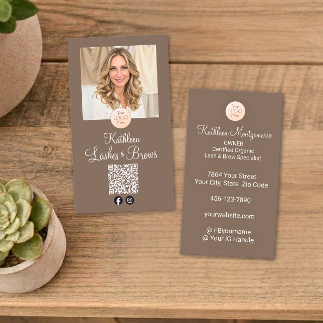 Carte De Visite Mocha Brown Logo QR Code Photo Lashes and Brows (Créateur téléchargé)