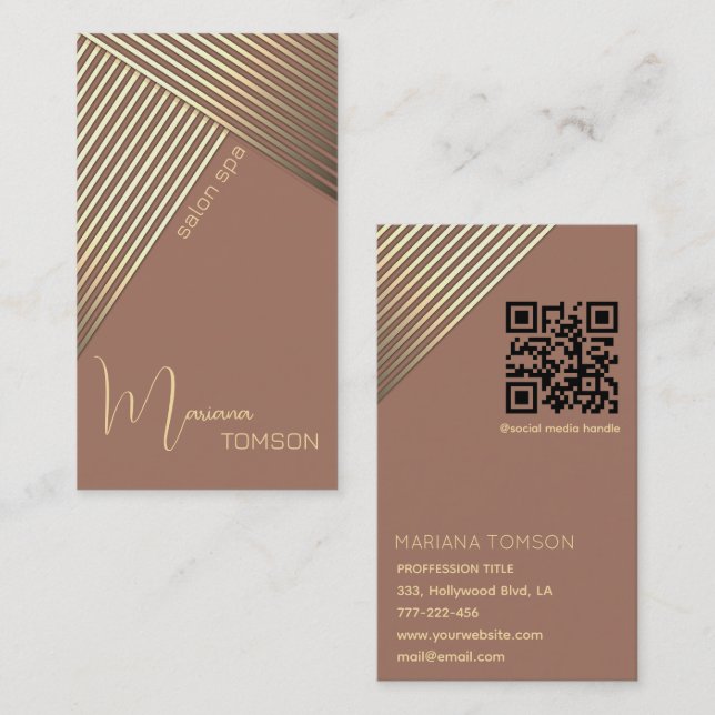 Carte De Visite Mocha Mousse Chic élégantes rayures dorées Code Qr (Devant / Derrière)