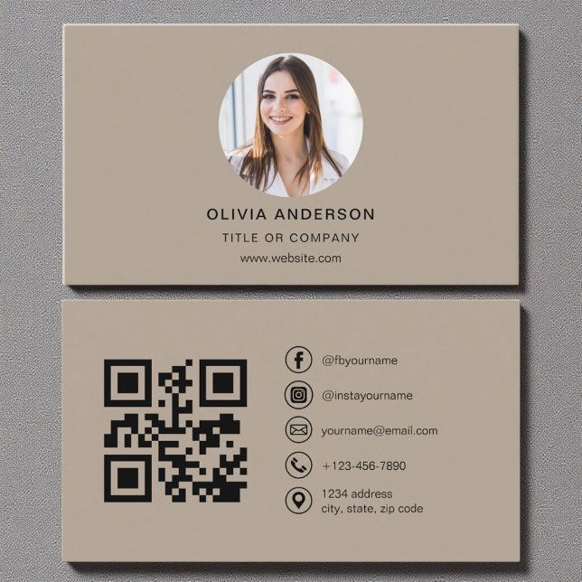 Carte De Visite Mocha Photo Brown avec QR Code Médias sociaux (Créateur téléchargé)