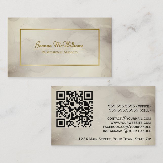 Carte De Visite Mocha Taupe Aquarelle Abstraite et Code QR Or (Devant / Derrière)