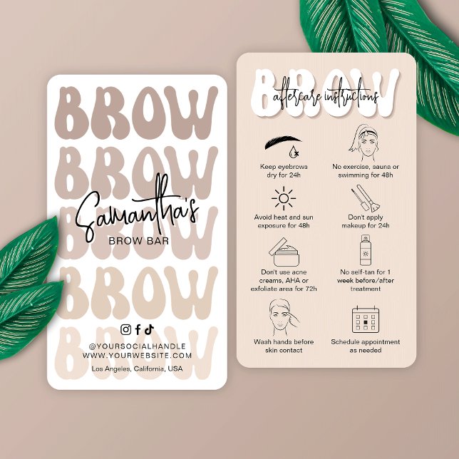 Carte De Visite Mode Beige Brow Instructions de soins postérieurs  (Microneedling aftercare cards for brow salons, featuring retro fonts in beige and white)