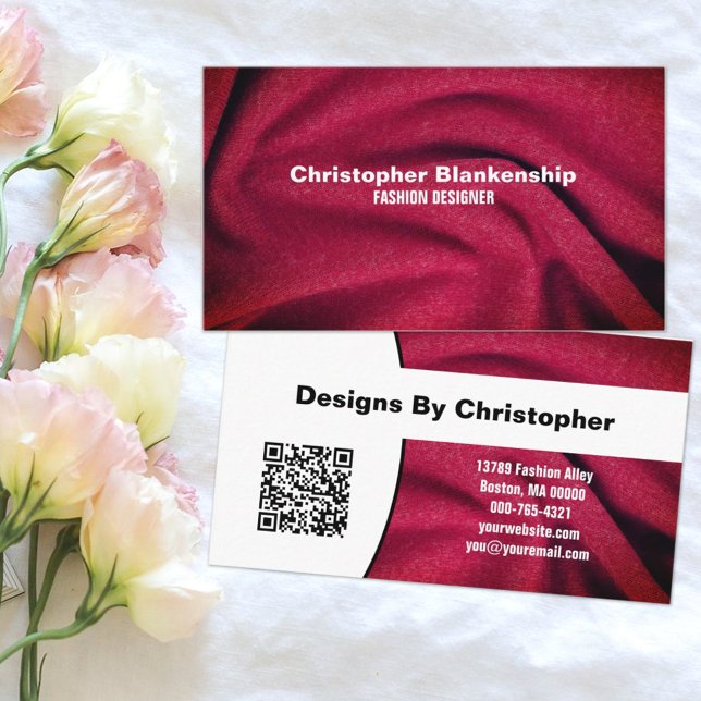 Carte De Visite Mode Designer Burgundy Fabric Texture QR Code (This doubl- sided design is generic enough to work for most small busineses. )