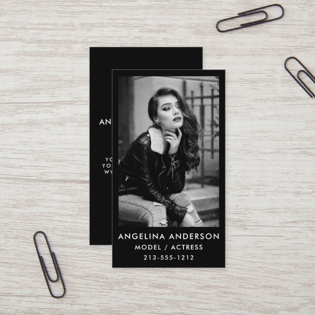 Carte De Visite Modèle Acteur photo noir et blanc professionnel (Devant/Arrière en situation)