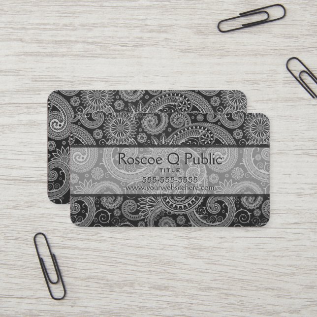 Carte De Visite Modèle DAMASK floral noir et gris (Devant/Arrière en situation)