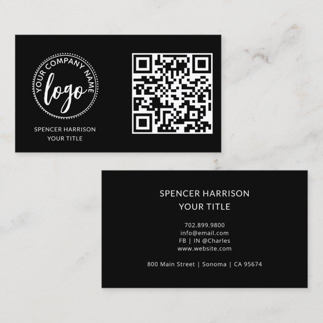 Carte De Visite Modèle de code QR de logo noir moderne (Devant / Derrière)