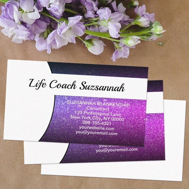 Carte De Visite Modèle de Parties scintillant Purple Ombre (All the information on one side leaves room for handwritten notes on the back of this business card.)