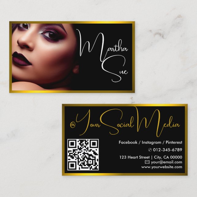 Carte De Visite Modèle d'Influenceur Jaune Or Noir Photo QR-Code (Devant / Derrière)