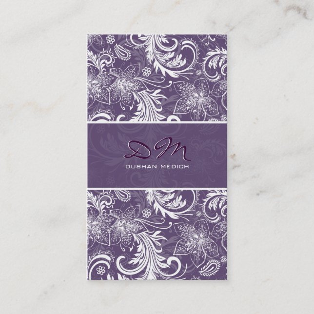 Carte De Visite Modèle Floral Rétro Blanc Et Violet (Devant)