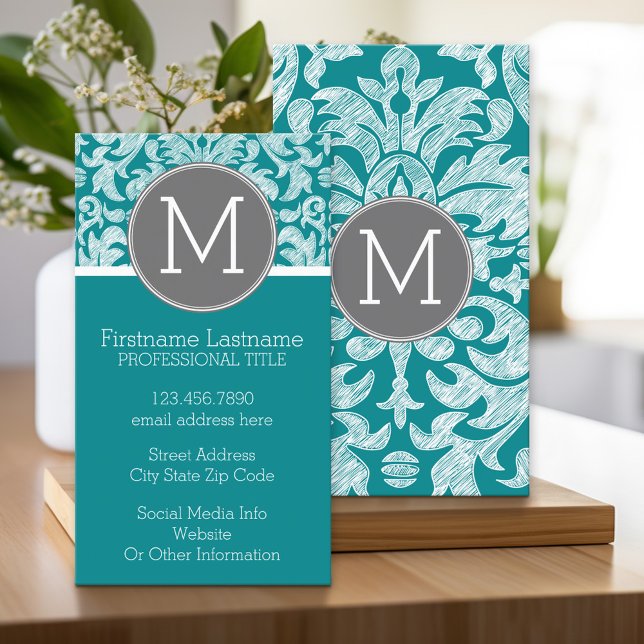 Carte De Visite Modèle gris chic et Damas Turquoise Monogramme per (Custom Printed Business Card)
