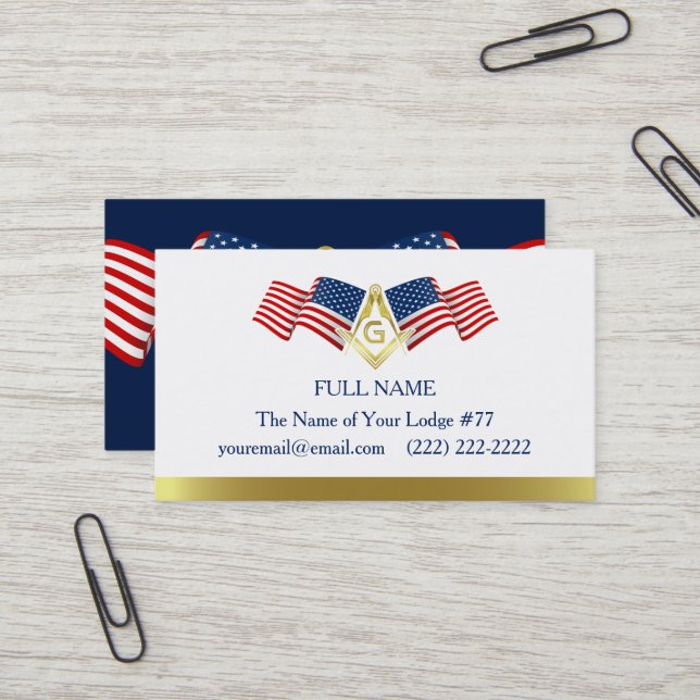 Carte De Visite Modèle Masonic Business Card | Drapeau américain (Devant/Arrière en situation)