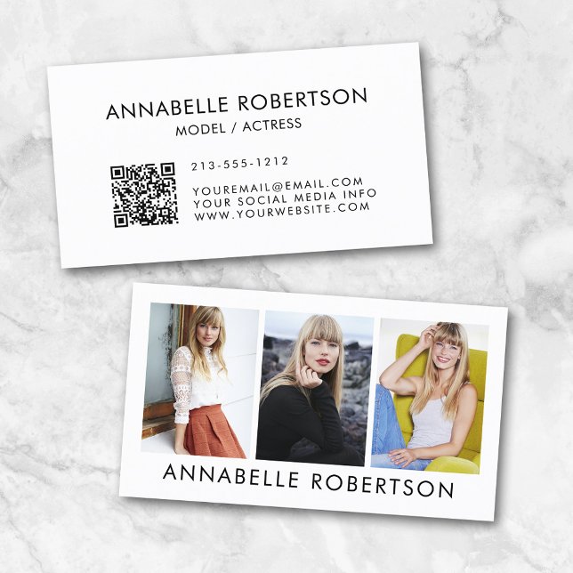 Carte De Visite Modèle moderne et Acteur 3 Photo QR Code (Customize to change background color, text size or style. Add your social media to QR scan code.)