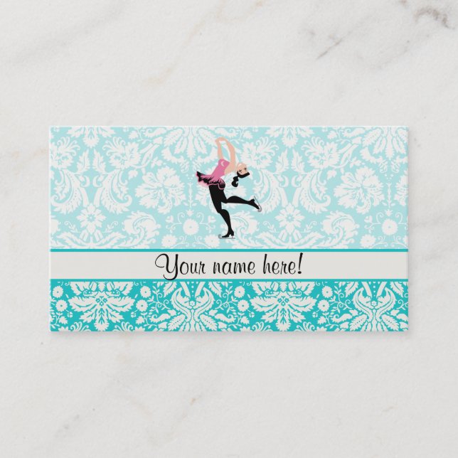 Carte De Visite Modèle turquoise Damask Patinage sur glace (Devant)