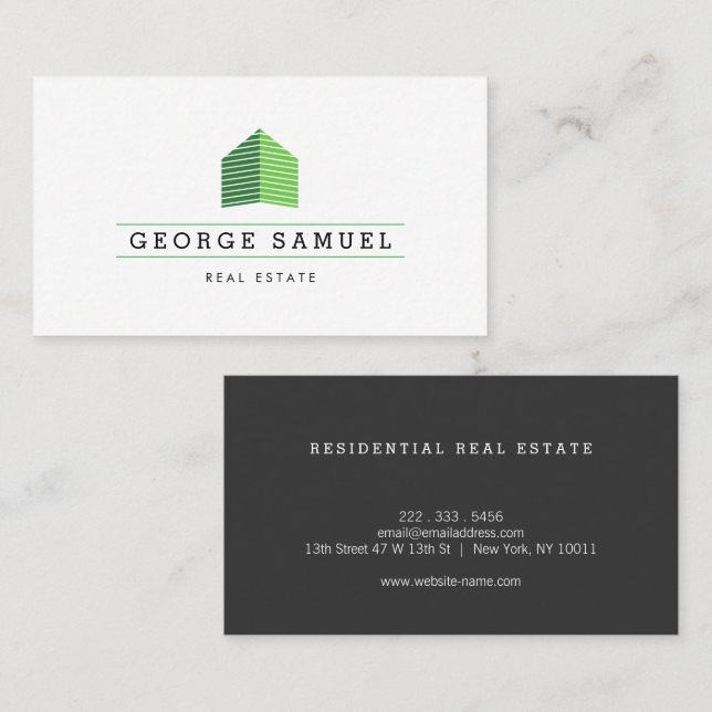 Carte De Visite Modern Abstract Home Logo Realtor Green Monogram (Devant / Derrière)