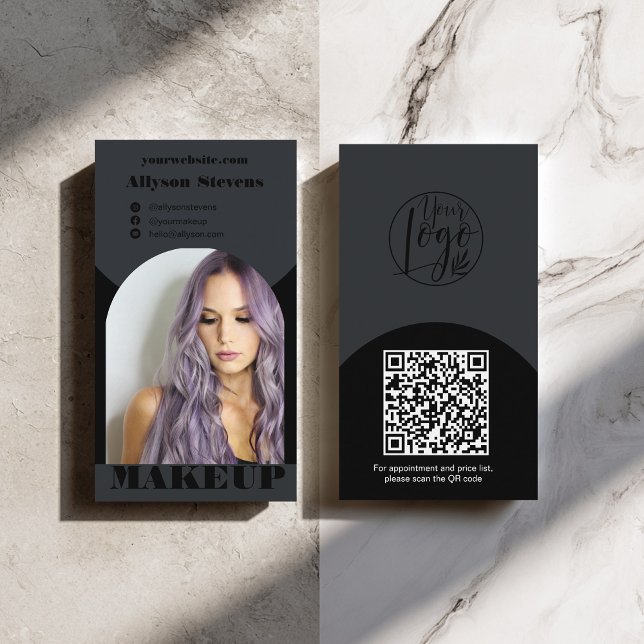 Carte De Visite Modern arch makeup black photo qr code logo (Modern arch makeup black photo qr code logo business card)