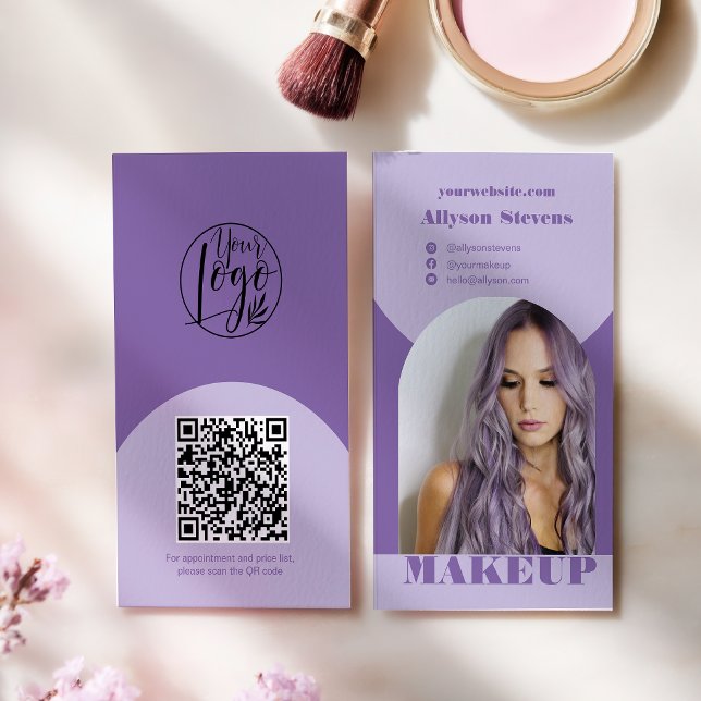 Carte De Visite Modern arch makeup purple photo qr code logo (Modern arch makeup purple photo qr code logo business card)