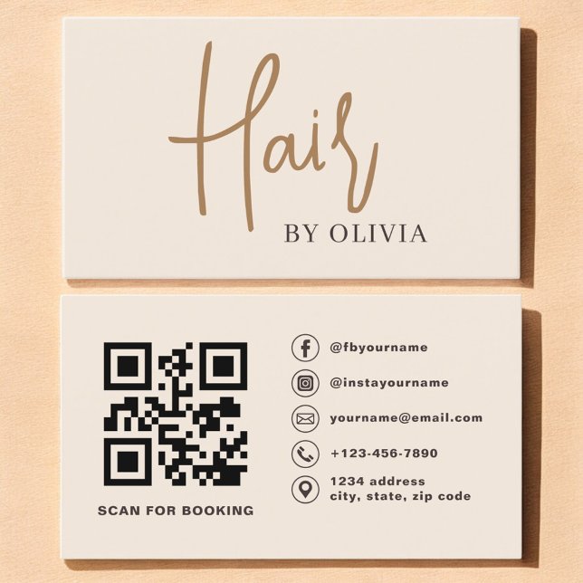 Carte De Visite  Modern Beige Neutral QR Code Hair Stylist (Créateur téléchargé)