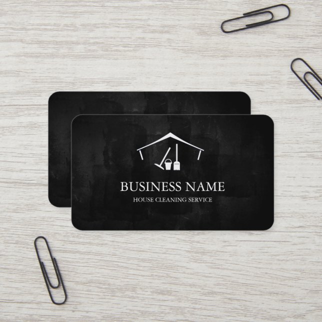 Carte De Visite Modern Black House Cleaning Service House Logo (Devant/Arrière en situation)