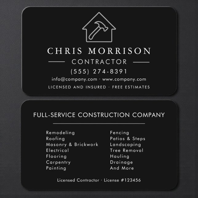 Carte De Visite Modern Black Silver General Contractor (Créateur téléchargé)