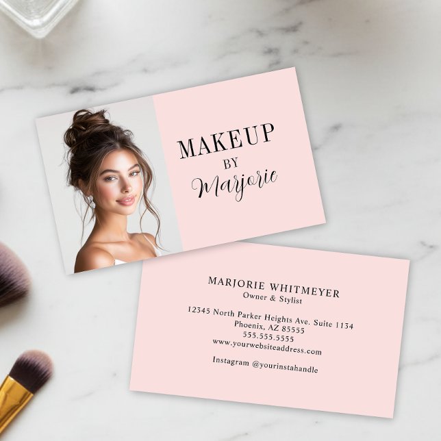Carte De Visite Modern Blush Pink Black Script Photo Makeup (modern blush pink black script photo makeup business card with modern typography)