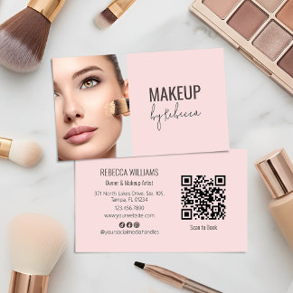 Carte De Visite Modern Blush Pink Script Font QR Code Photo Makeup