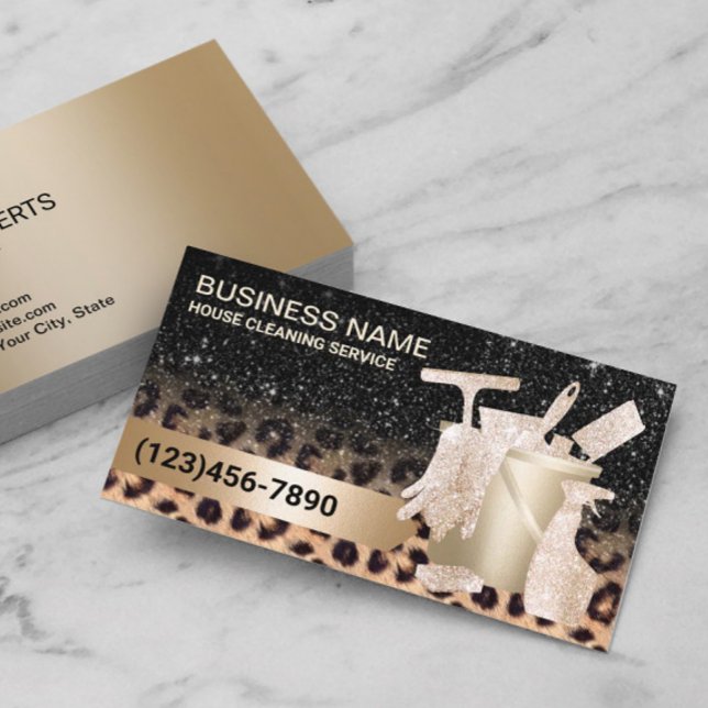 Carte De Visite Modern Cleaning Service Leopard & Gold Glitter  (Créateur téléchargé)