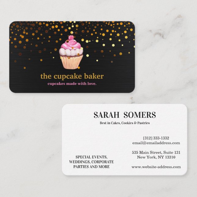 Carte De Visite Modern Cupcake Logo Bakery Chef Catering Confetti (Devant / Derrière)