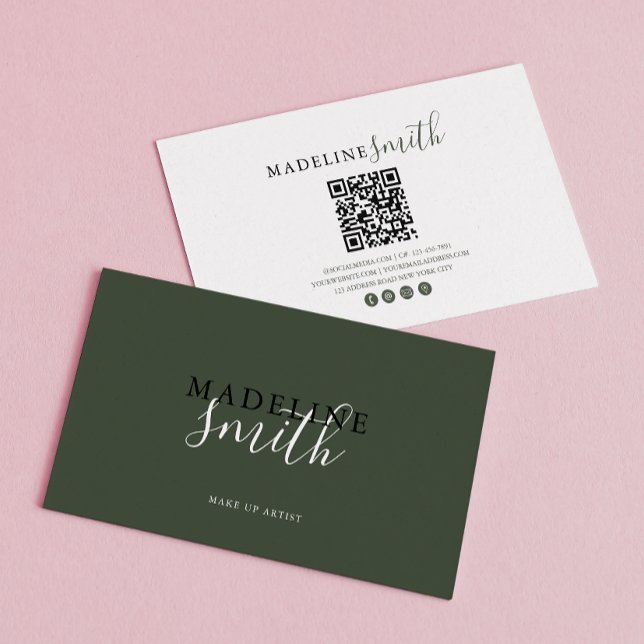 Carte De Visite Modern Dark Green Script QR code (Créateur téléchargé)