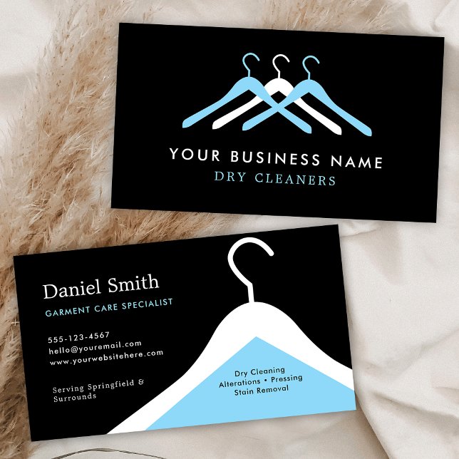 Carte De Visite Modern Dry Cleaning Laundry Hanger Black & Blue (Professional sry cleaners business cards in black and blue)