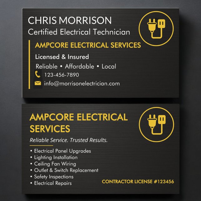 Carte De Visite Modern Electrician Branding Black Yellow Metallic (Créateur téléchargé)