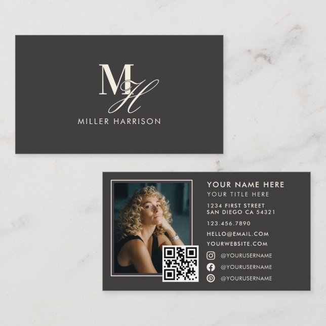 Carte De Visite Modern Elegant Monogram Luxury Photo QR Code (Devant / Derrière)